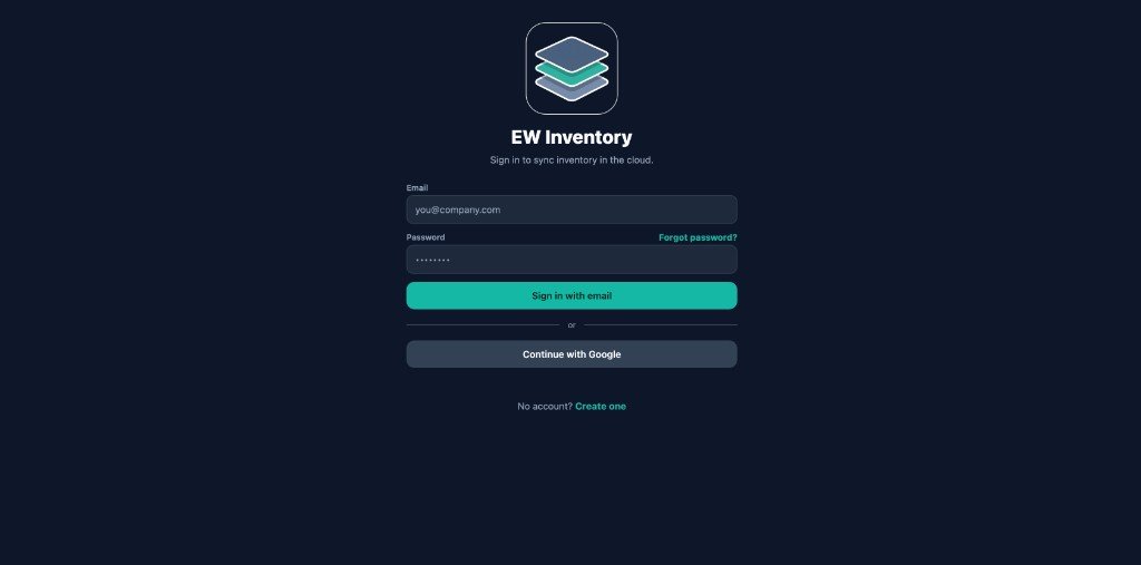 EW Inventory sign-in screen on web or desktop