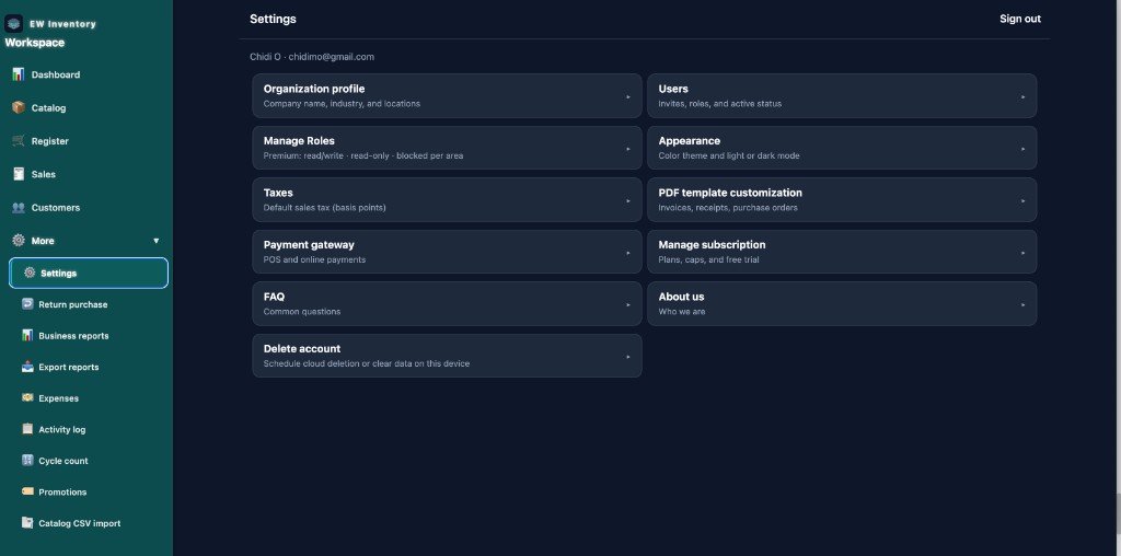 EW Inventory web app sidebar navigation