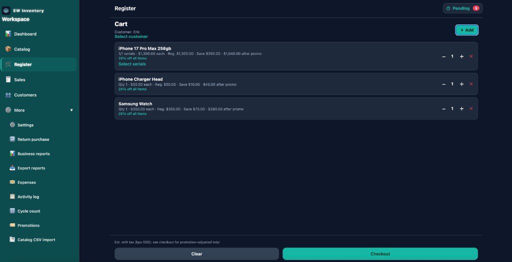 EW Inventory register cart with line items
