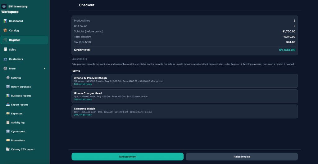 EW Inventory register checkout screen