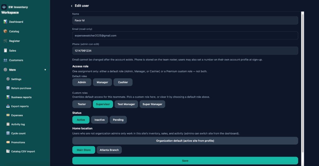 EW Inventory edit user screen
