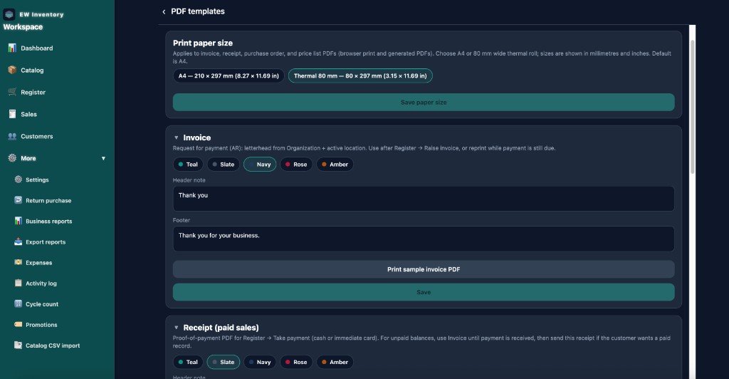 EW Inventory PDF template settings